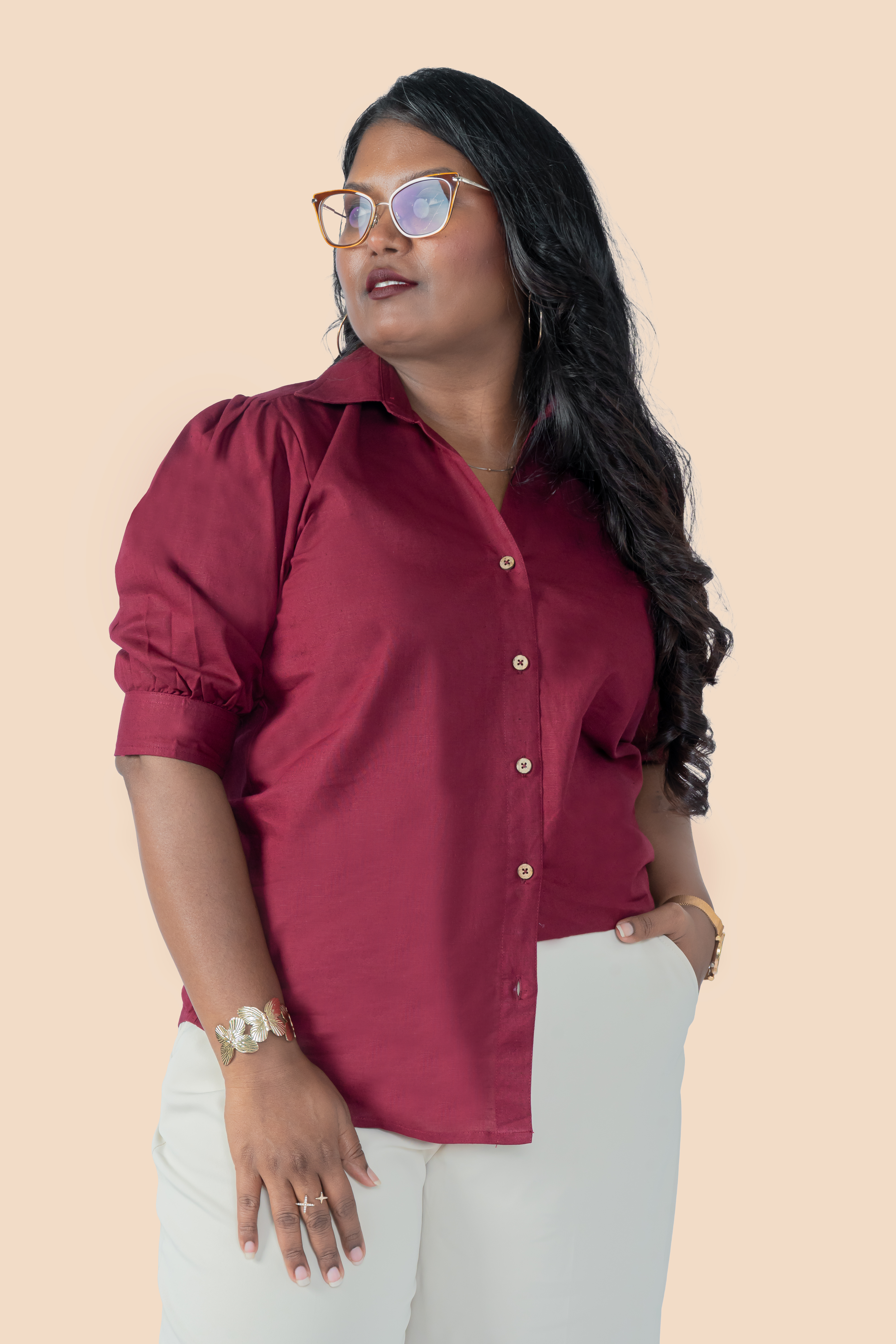 Linen Puff Sleeve Shirt – Maroon, styled view