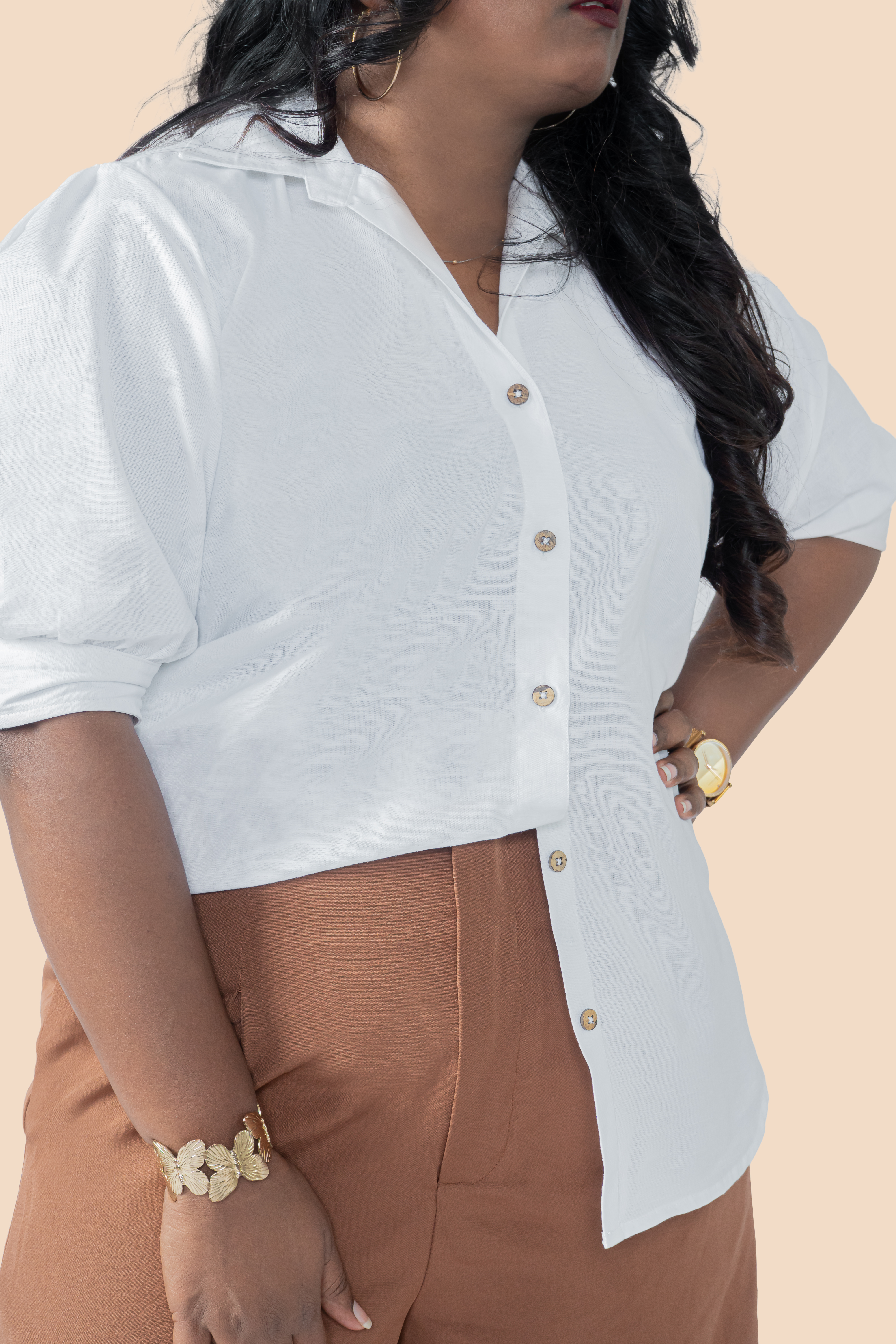 Linen Puff Sleeve Shirt – White, detail