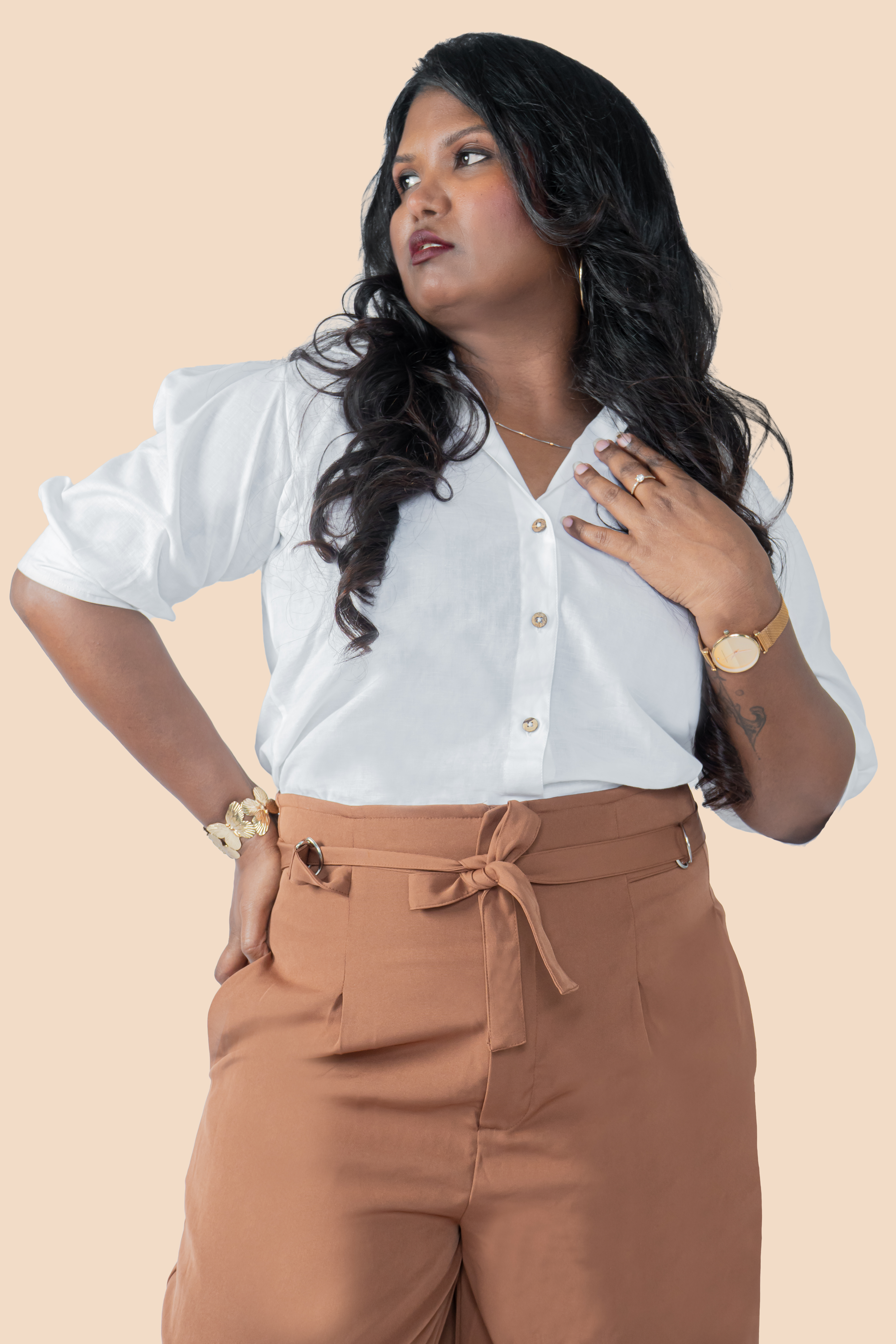 Linen Puff Sleeve Shirt – White, styled view
