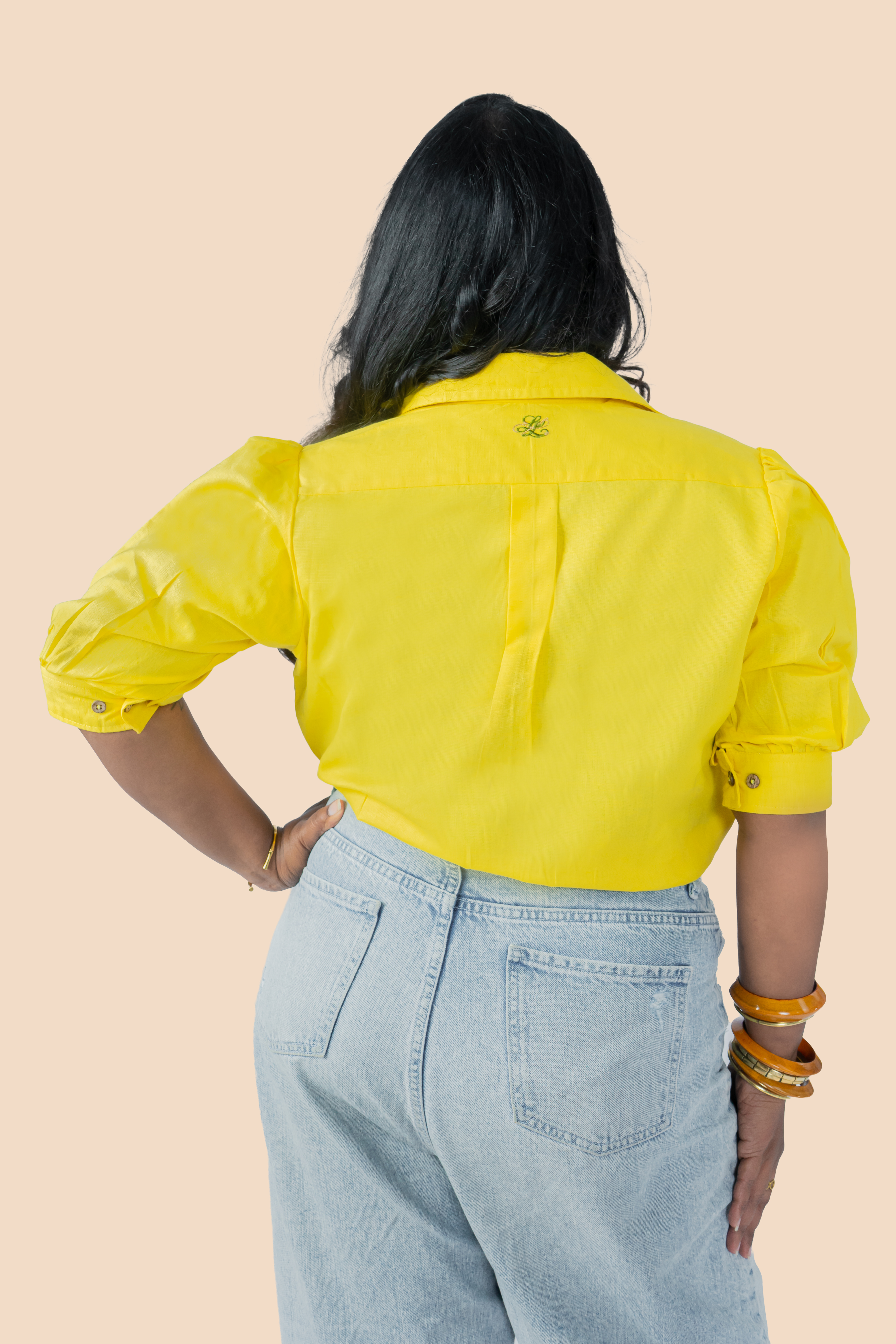 Linen Puff Sleeve Shirt – Yellow, back view