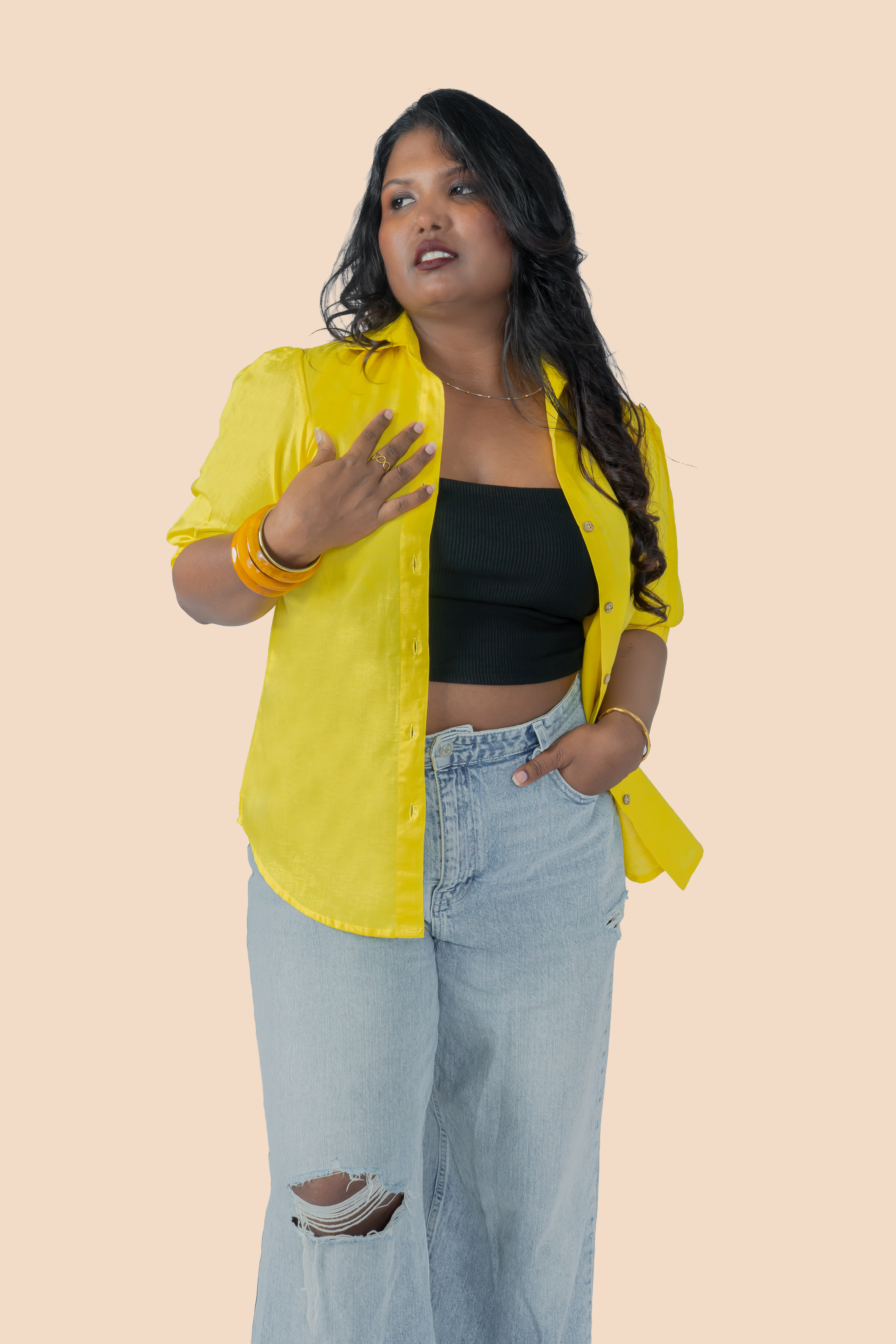 Linen Puff Sleeve Shirt – Yellow, detail