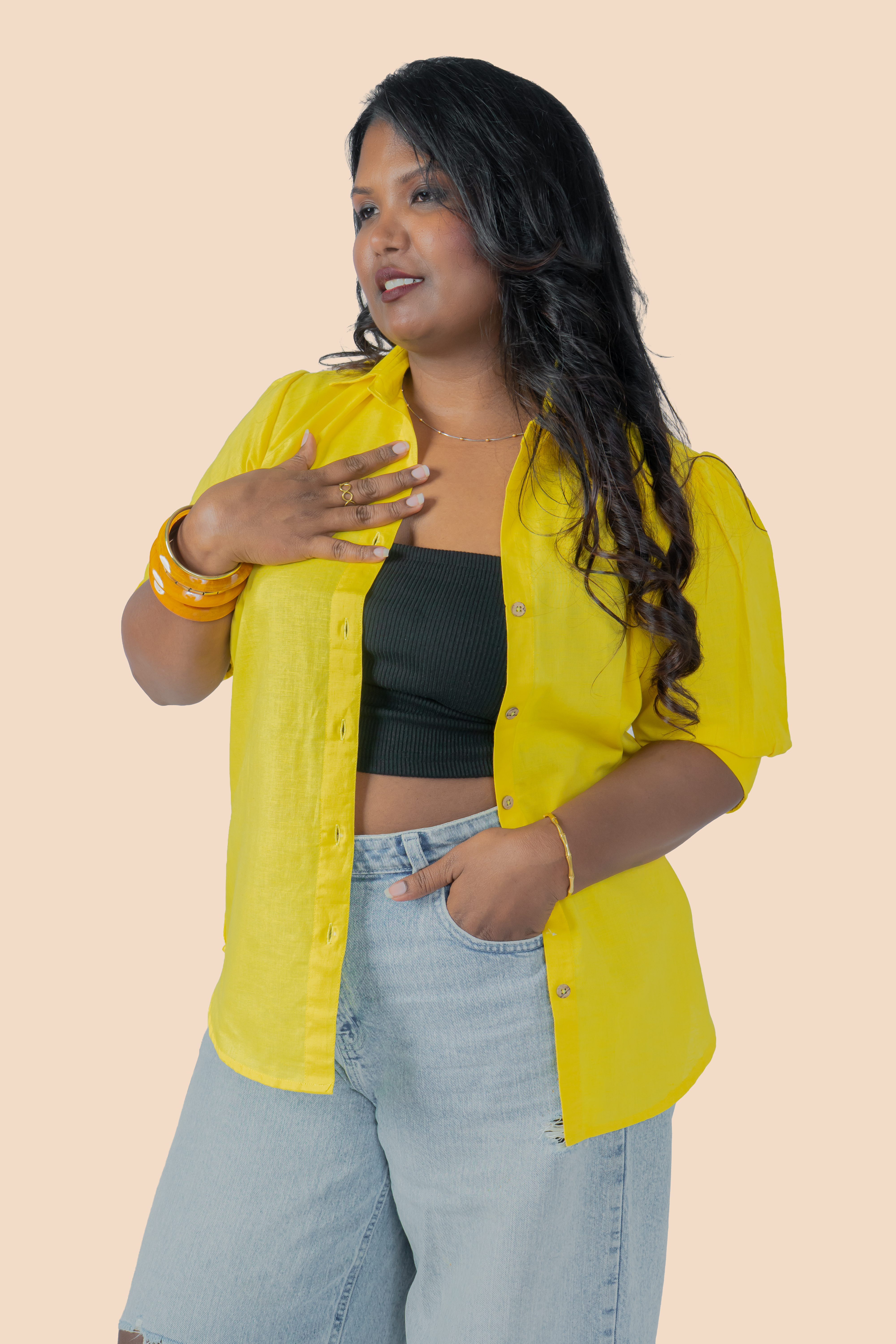 Linen Puff Sleeve Shirt – Yellow, styled view