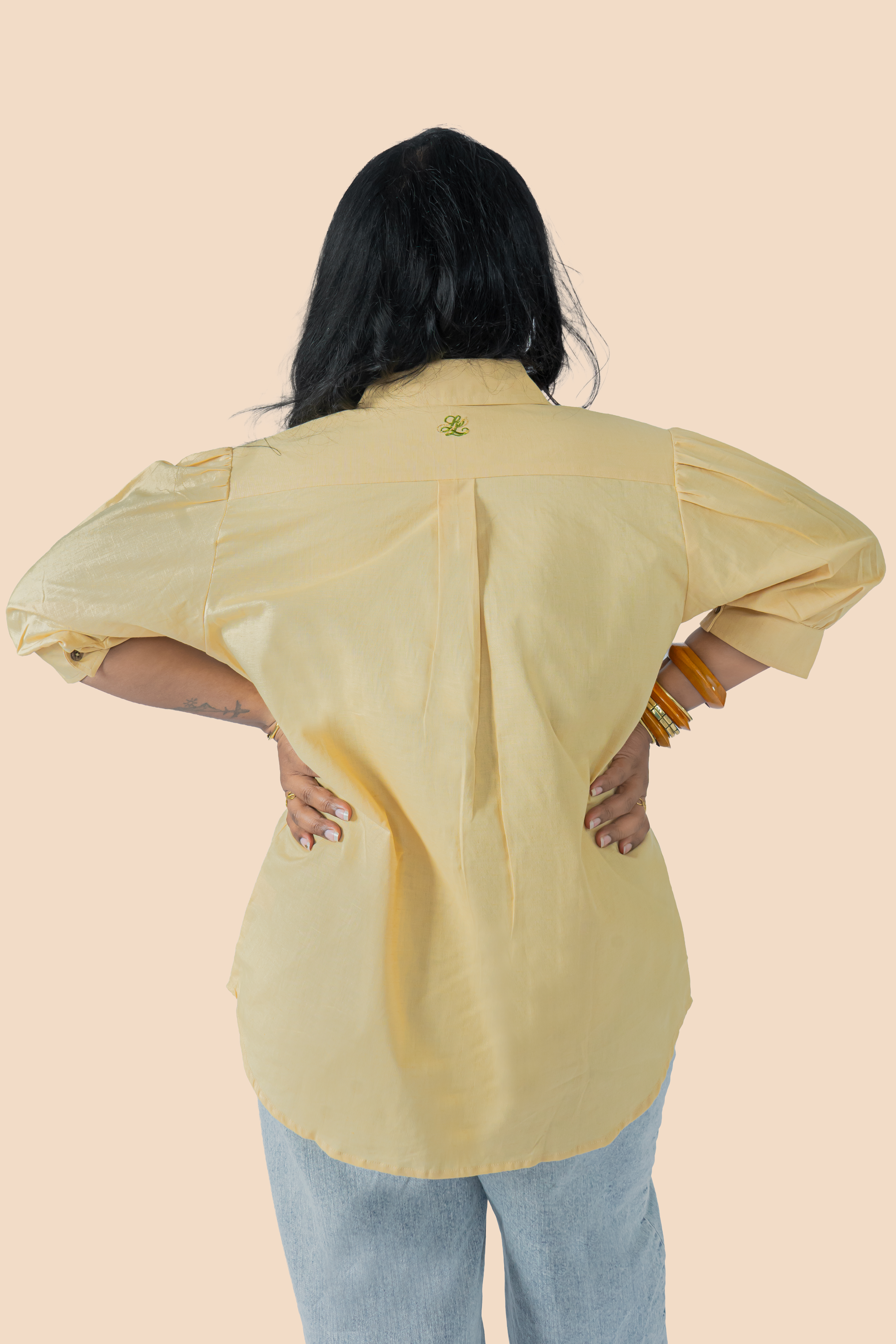 Linen Puff Sleeve Shirt – Beige, back view