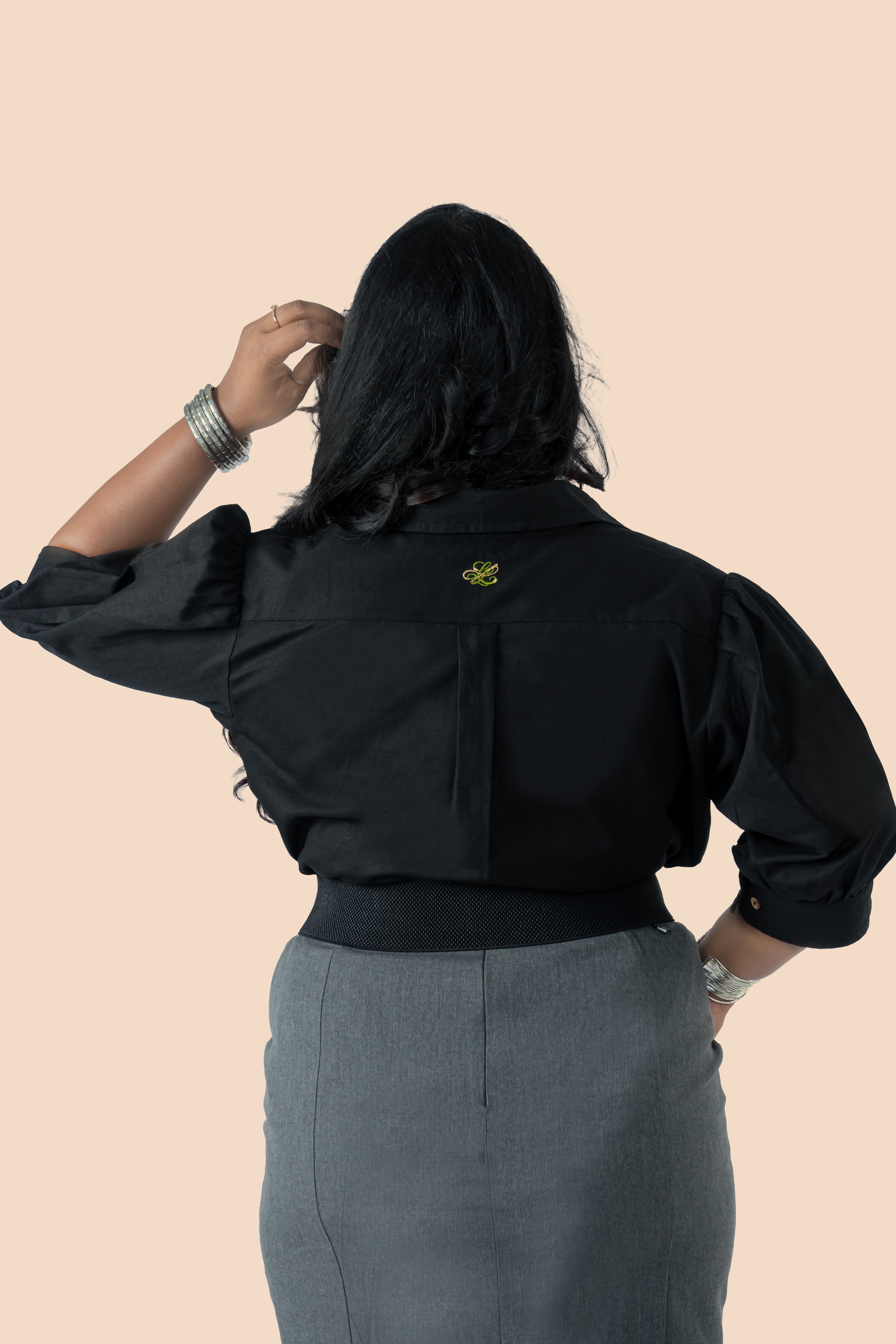 Linen Puff Sleeve Shirt – Black, back view