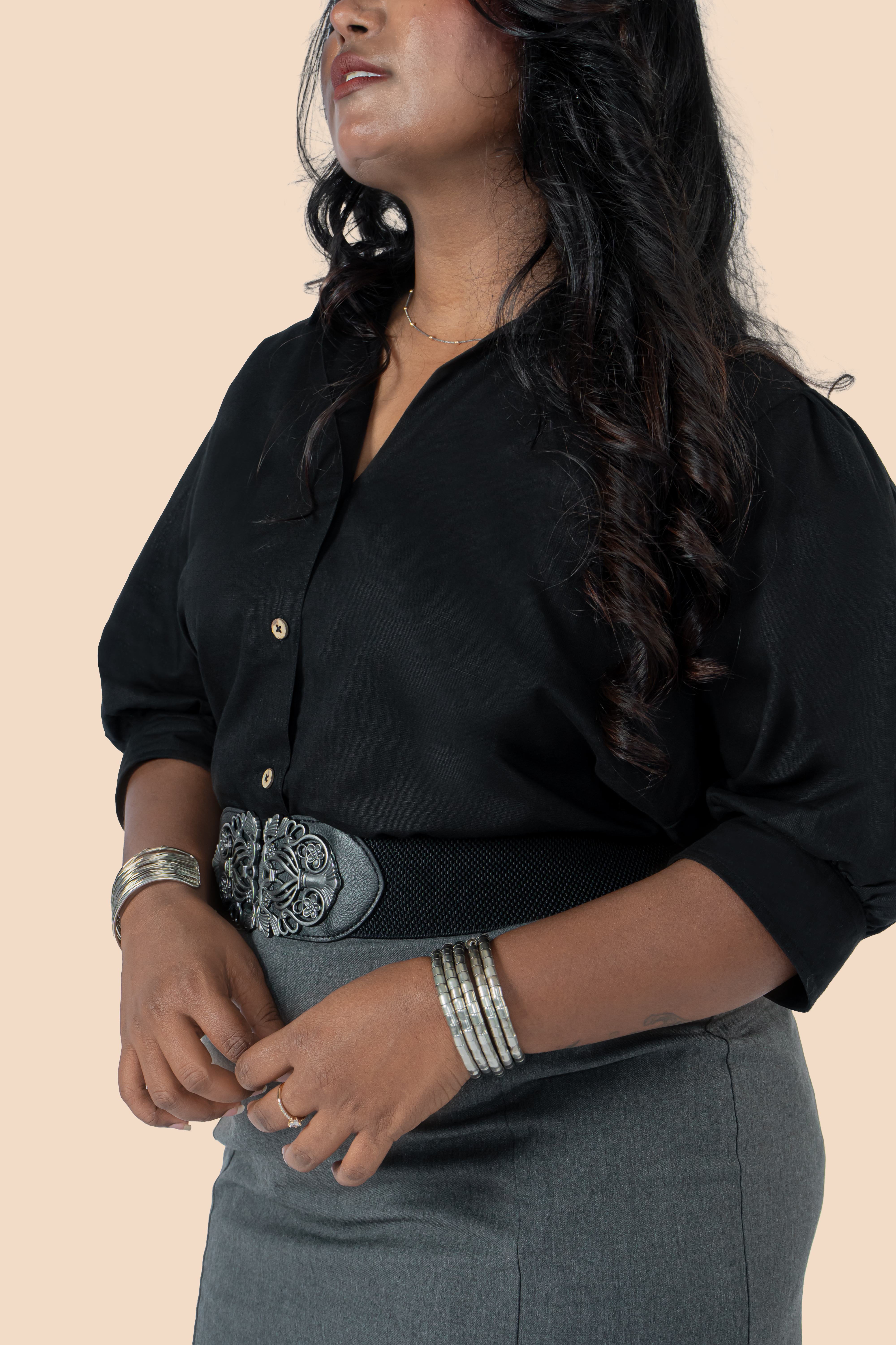 Linen Puff Sleeve Shirt – Black, detail