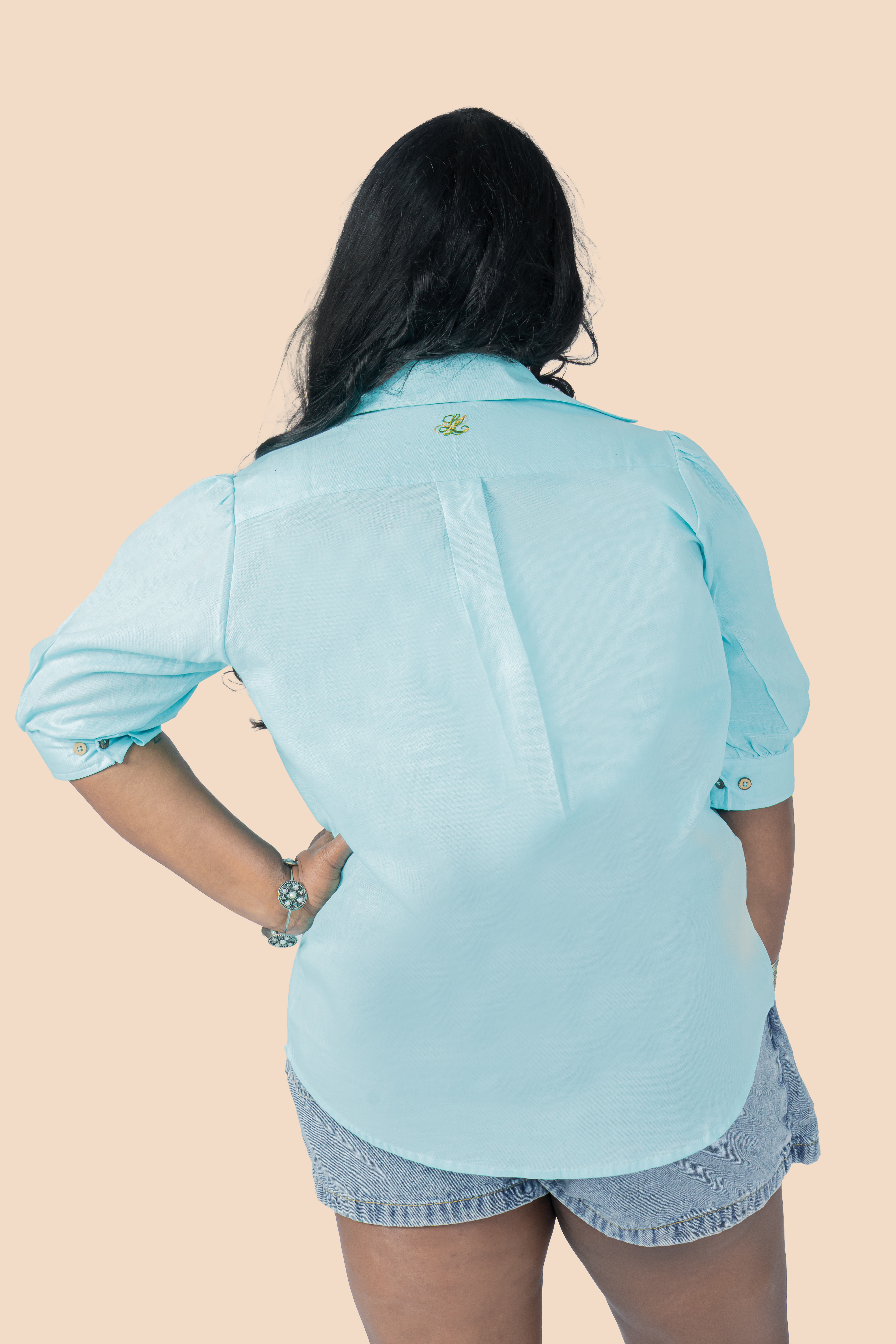 Linen Puff Sleeve Shirt – Coral Blue, back view