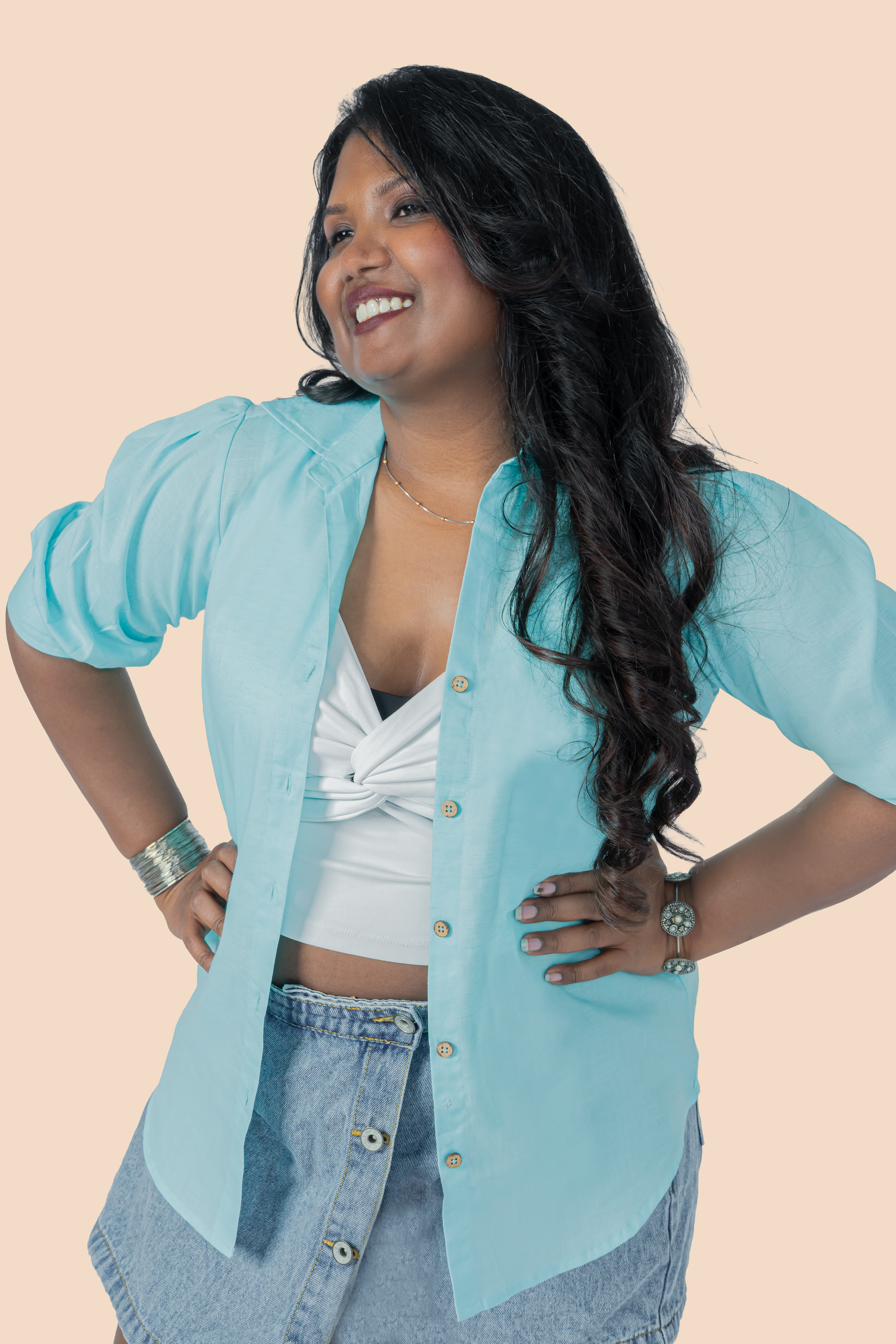 Linen Puff Sleeve Shirt – Coral Blue, styled view